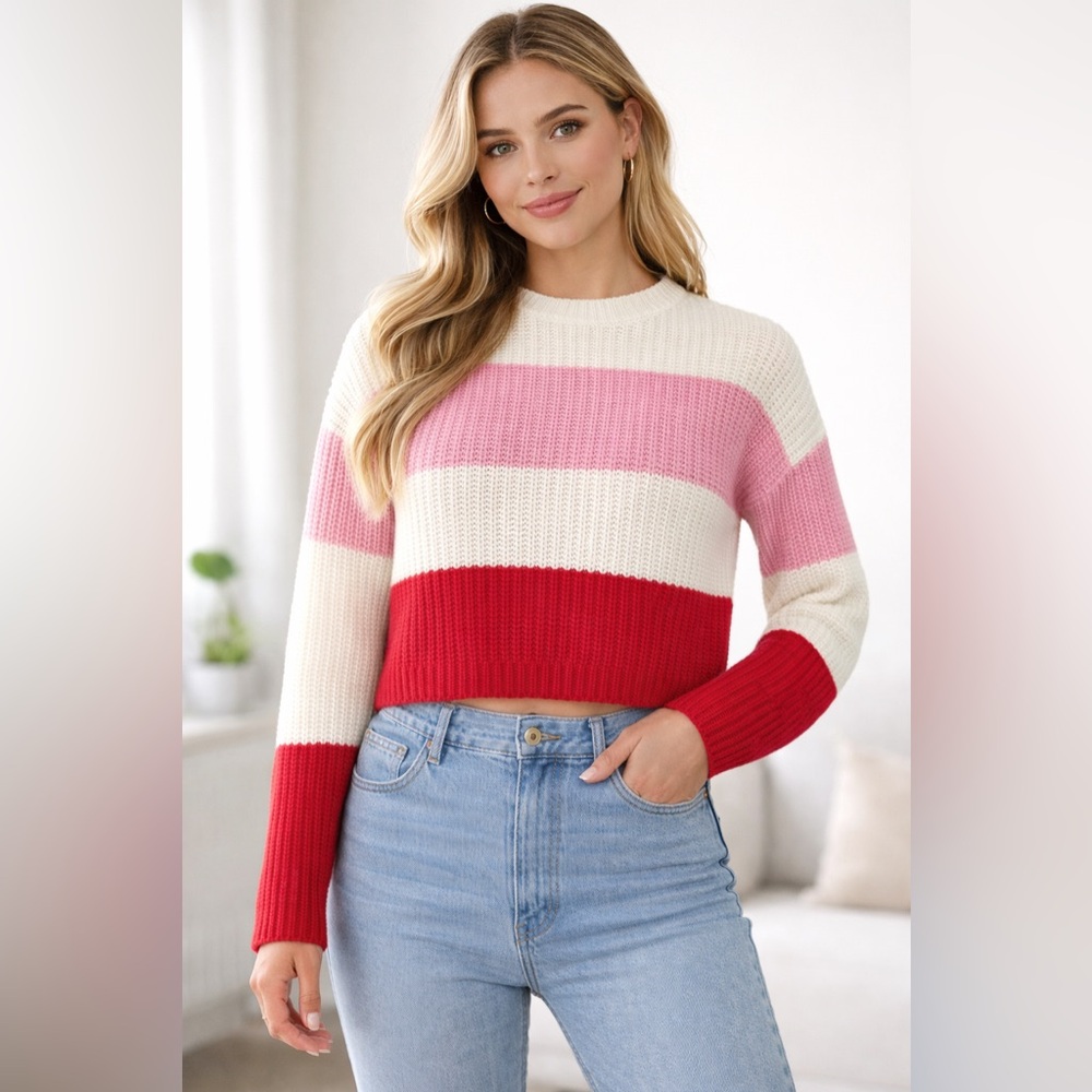 Jessica Simpson Colorblock Knit Sweater Pink Red Cream Size M